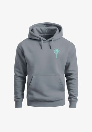 Gray hoodie with a front pocket and a palm tree graphic in mint green on the left chest area. Soft texture, adjustable drawstring hood.