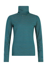 Coltrui met lange mouwen in teal met horizontale witte en gouden strepen. Gemaakt van zacht materiaal; aansluitend ontwerp met ribbeltextuur.