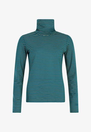 Camiseta de cuello alto de manga larga en color azul verdoso con rayas horizontales en blanco y dorado. Fabricada en material suave; diseño ajustado con textura acanalada.