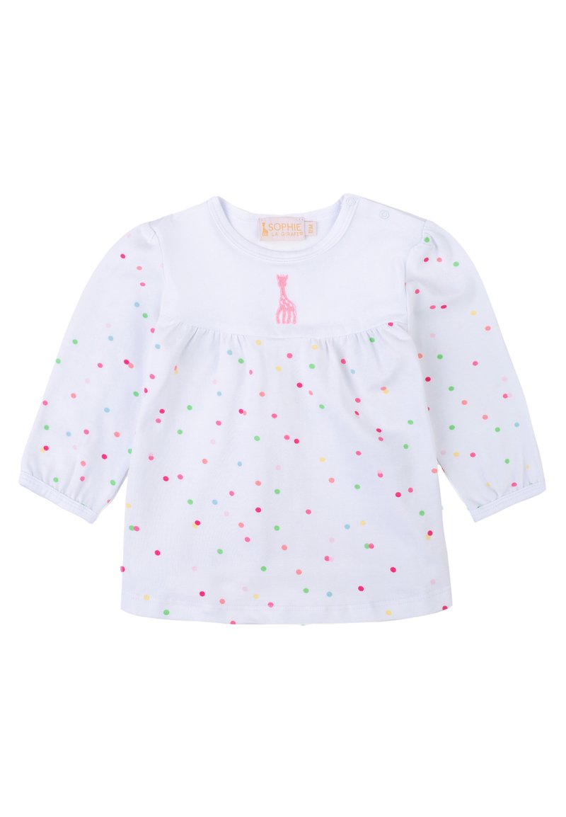 Maglietta bianca a maniche lunghe con scollo rotondo, vita arricciata e pois multicolori. Giraffa rosa ricamata vicino al colletto.