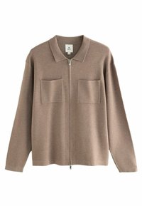 Brun zip-up cardigan lavet af blødt stof. Har en krave og to forlommer. Løs pasform med lange ærmer og lige kant.