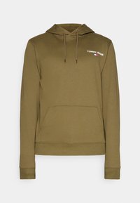 Oliveově zelená mikina s klokaní kapsou, kapucí na šňůrku a malým bílým logem "Tommy Jeans" s vlajkou na levé hrudi.