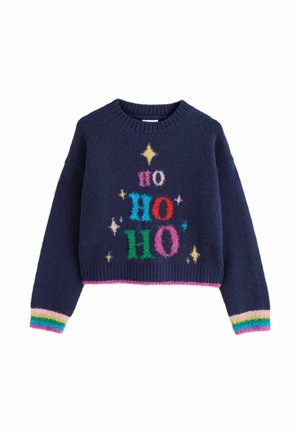 Navy blauer, flauschiger Strickpullover mit verkürztem Design. Mit buntem "HO"-Text und Sternmotiven. Gerippte Bündchen mit Regenbogenstreifen-Akzenten.
