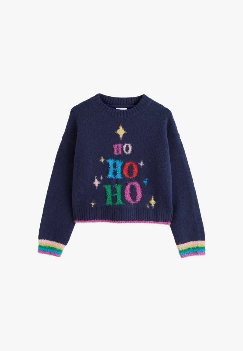 Navy blauer, flauschiger Strickpullover mit verkürztem Design. Mit buntem "HO"-Text und Sternmotiven. Gerippte Bündchen mit Regenbogenstreifen-Akzenten.