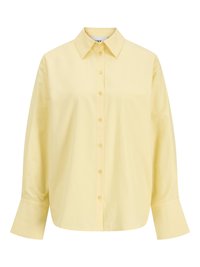 Gul bomullsskjorte med spiss krage, frontåpning med knapper, lange ermer og en avslappet passform. Glatt tekstur og enkelt design.