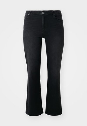 Calças flared pretas feitas de denim, com fecho frontal por botão, dois bolsos laterais e uma textura suave e uniforme em toda a peça.