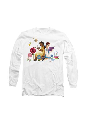 White long-sleeve shirt featuring a colorful illustration of two women reading among flowers, stars, and decorative elements.