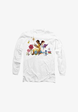 White long-sleeve shirt featuring a colorful illustration of two women reading among flowers, stars, and decorative elements.