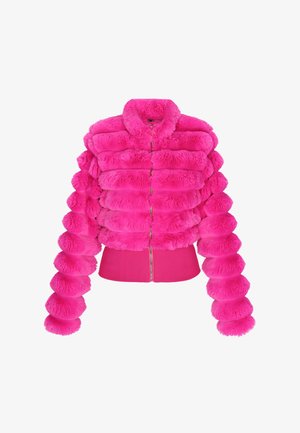 Faux fur jacket in bright pink, featuring a plush, segmented design, zip closure, and a fitted hem. Long, rounded sleeves with a textured finish.