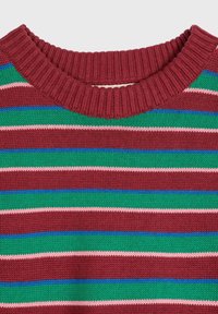 Maglione a maglia con scollo rotondo a coste, caratterizzato da righe orizzontali color bordeaux, verde, blu e rosa. Texture morbida con un design casual.