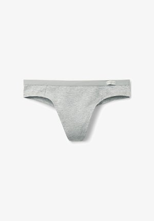 Light gray cotton thong with a soft band, seamless edges, and a smooth texture. Minimalist design with a small brand tag on the left side.