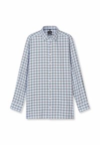 Hemd zum zumachen mit blau-weißem Karomuster, langen Ärmeln, aus leichtem Stoff, mit klassischem Kragen und vorderen Knöpfen.