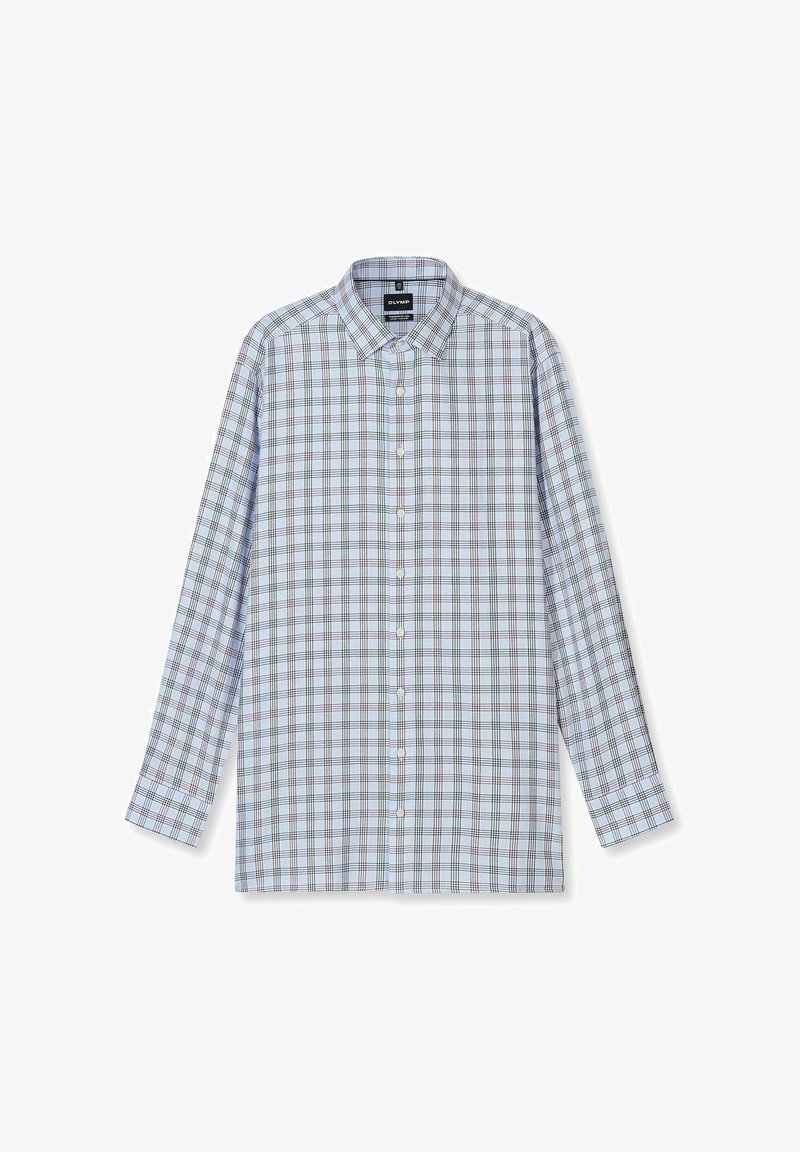 Hemd zum zumachen mit blau-weißem Karomuster, langen Ärmeln, aus leichtem Stoff, mit klassischem Kragen und vorderen Knöpfen.