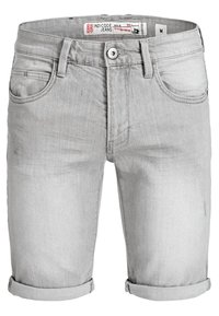 Lichtgrijze denimshorts met omgeslagen uiteinden, vijf zakken en een knoopsluiting. Heeft een vervaagde textuur en subtiele stikdetails.