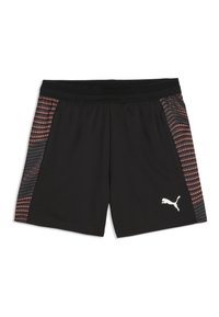 Sorte atletikshorts med en tekstureret linning. Sidesektionerne har et mønster af røde prikker på en grå baggrund. Hvid Puma-logo på forsiden.