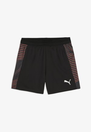 Zwarte sportshorts met een gestructureerde tailleband. Zijkanten hebben een patroon van rode stippen op een grijze achtergrond. Witte Puma-logo aan de voorkant.