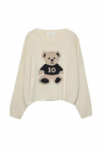Pull en maille crème avec un graphique d'ours en peluche portant le numéro 10. Coupe oversize, ourlet côtelé et manches larges.