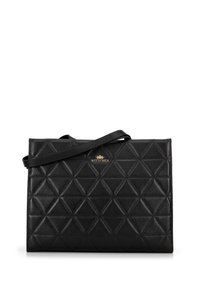 Borsa nera con un motivo geometrico a diamante, realizzata in pelle testurizzata. Presenta una tracolla corta e un logo dorato del marchio sul davanti.