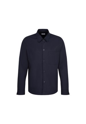 Marineblaues Hemd mit Knöpfen aus glattem Stoff, mit Kragen, Brusttasche und langen Ärmeln mit geknöpften Manschetten.