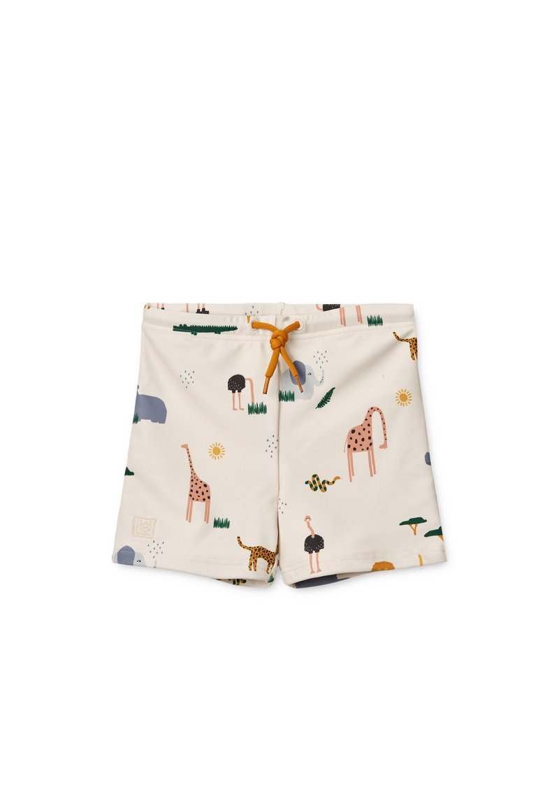 Swim shorts in cream fabric with a playful animal print. Features giraffes, elephants, and snakes. Includes an orange drawstring and green accents.