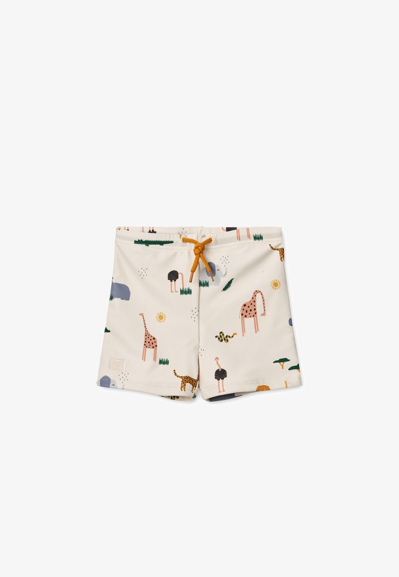 Swim shorts in cream fabric with a playful animal print. Features giraffes, elephants, and snakes. Includes an orange drawstring and green accents.