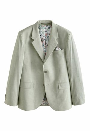 Light green blazer with two buttons, notch lapels, front pockets, and floral patterned lining and pocket square.
