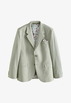 Jasnozielona marynarka na dwa guziki, z wyciętymi klapami, przednimi kieszeniami oraz podszewką i poszetką w kwiatowy wzór.