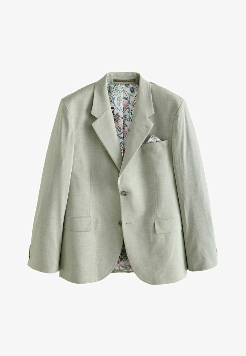 Világoszöld blézer két gombbal, beszakított nyakkal, elülső zsebekkel, virágmintás béléssel és díszzsebkendővel.