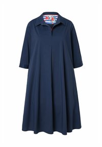 Navyblauwe jurk met een kraag, korte mouwen en een los A-lijnmodel. Bloemenpatroon zichtbaar binnen de kraag.