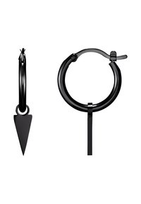Orecchini a cerchio neri con un charm a punta, realizzati in metallo liscio. Il cerchio presenta un design minimale con un meccanismo di chiusura sicuro.