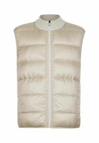 Beige gepolsterte Weste mit hohem Rippkragen, Frontreißverschluss und ohne Ärmel. Verfügt über ein gestepptes Design und zwei Seiten Taschen. Glatte Textur.