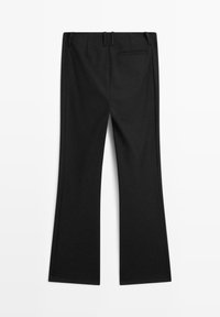 Black flared pants made of smooth fabric. Features a single back pocket and belt loops, with a tailored cut and clean seams.