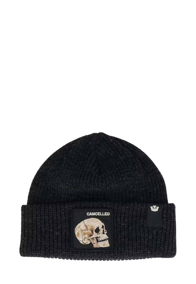 Black knit beanie with a textured pattern. Features a patch with a skull design and the word "CANCELLED" in white.