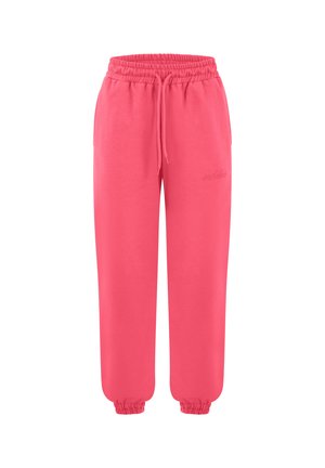 Roze joggingbroek met elastische tailleband en boorden, vooraan een trekkoord en zijzakken, afgebeeld tegen een witte achtergrond.