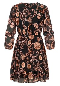 Rochie neagră cu mâneci lungi din material transparent; talie elastică; design complicat cu motive de aur și trandafiri; tiv volă. Țesătură ușoară, fluidă.