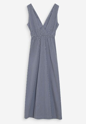 Robe midi sans manches à carreaux vichy bleu marine et blanc, avec décolleté en V profond et taille élastique, corsage ajusté, jupe fluide.