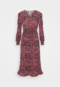 Robe longue noire à motif floral rouge et rose. Elle présente des manches longues bouffantes, une taille cintrée et un ourlet à volants.
