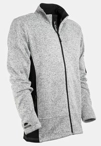 Grau- und schwarze Reißverschlussjacke aus strukturiertem Stoff, mit hohem Kragen und Seitentaschen. Mit einem Logo auf dem linken Ärmel.