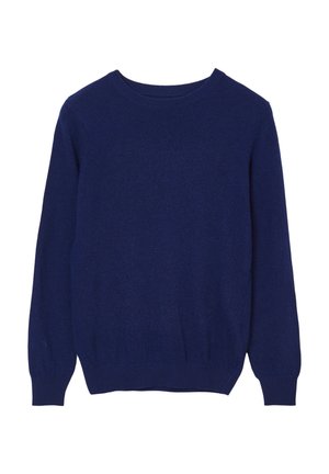 Pull marin en bleu marine en tissu doux, avec des manches longues, un col rond et une taille ajustée. Texture lisse, sans motifs visibles ni accessoires.