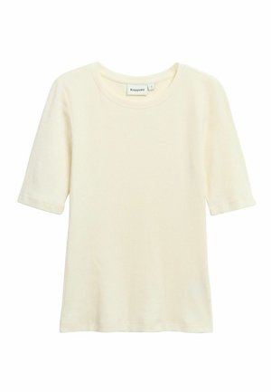 Gebreide top met korte mouwen in crèmekleur en een ronde hals, gemaakt door Kappahl en getoond op een effen witte achtergrond.