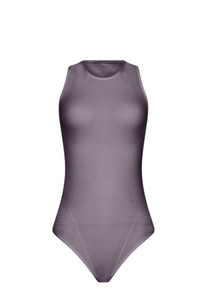 Paarse mouwloze bodysuit met een gestructureerd patroon, ronde halslijn en hoge uitsnijdingen. Gemaakt van rekbaar, vormgevend materiaal.