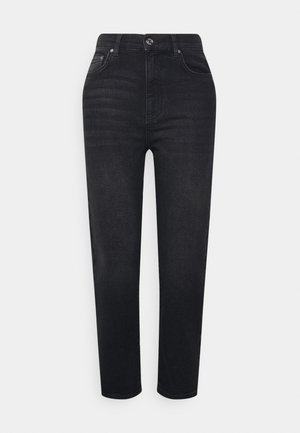 Zwarte denim jeans met hoge taille, voorzijde met knoop- en ritssluiting, twee voorzakken en een rechte pijp, afgebeeld tegen een witte achtergrond.