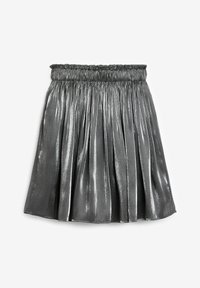 Metallic grå plisserad kjol med elastisk midja. Tyget har en glänsande, strukturerad yta och når strax ovanför knäna.