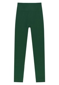 Leggings verdes hechos de material elástico, con una cintura alta y una textura suave, sin patrones o acentos visibles.