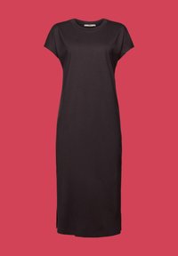 Robe en coton noir avec des manches courtes, coupe droite, fentes sur les côtés et col rond. Texture lisse sur un fond uni.