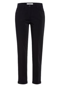 Černé kalhoty s přiléhavým střihem, vyrobené z hladké látky. Mají zapínání na knoflík, poutka na opasek a dvě přední kapsy.