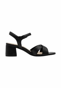 Sandalia de tacón negro con empeine de cuero liso, diseño de tiras cruzadas, correa ajustable en el tobillo y tacón ancho para mayor estabilidad.