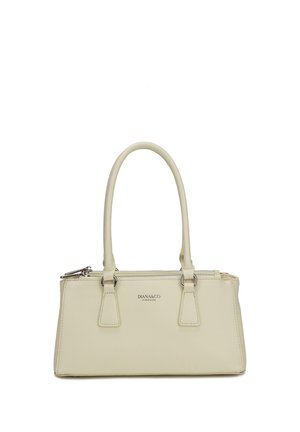 Sac à main rectangulaire couleur crème avec double poignée, texture subtile, fermeture éclair argentée et logo "DIANA&CO FIRENZE" au centre à l'avant.