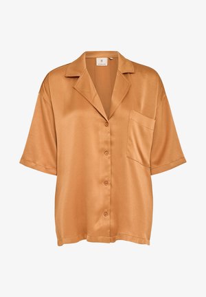 Lühikeste varrukatega nööbiga särk merevaigusatiinist. Omab klassikalist kraed ja ühte rinna taskut. Sile tekstuur peene sädelusega.