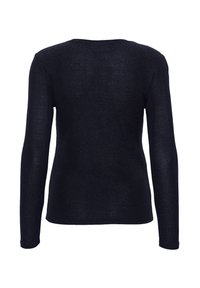 Dlhý rukáv top v tmavomodrej farbe, s úzkym strihom, hladkou textúrou a ľahkým materiálom s jemným leskom.